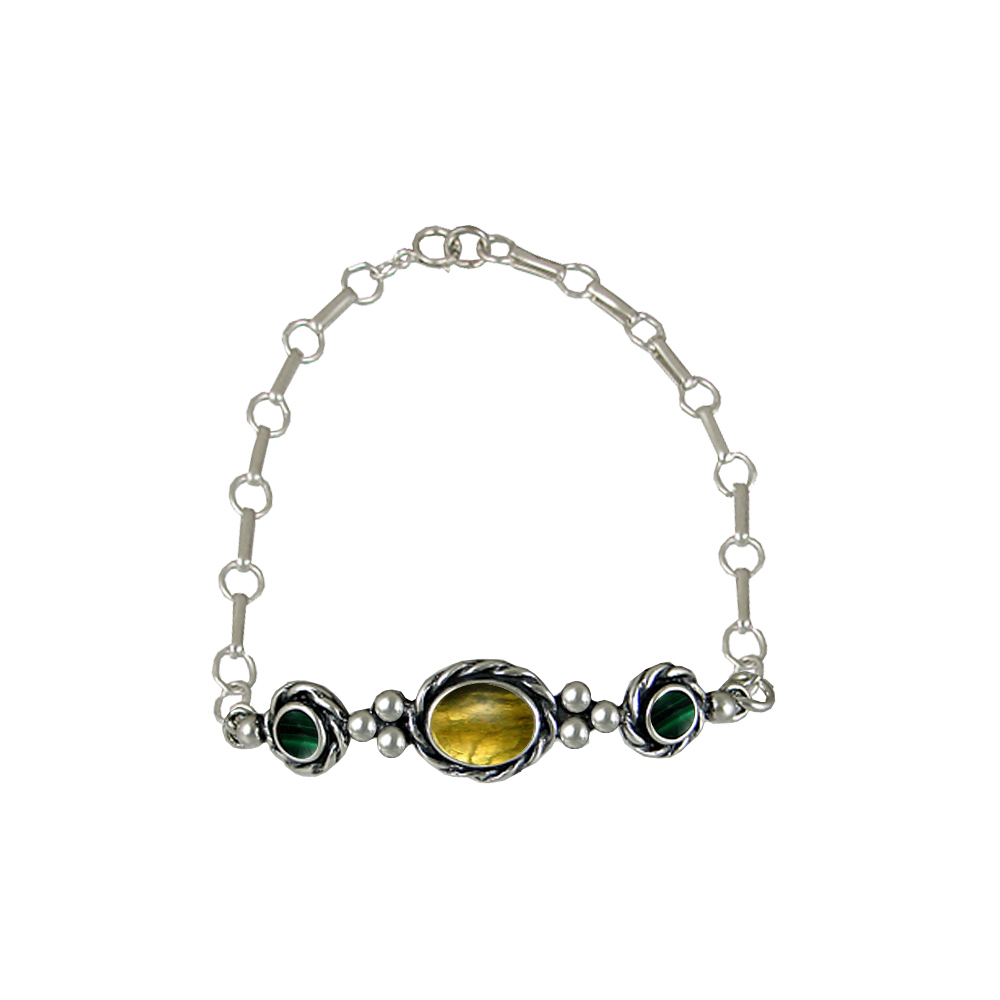Sterling Silver Gemstone Adjustable Chain Bracelet With Citrine And Malachite Sterling Silver Gemstone Adjustable Chain Bracelet With Citrine And Malachite
